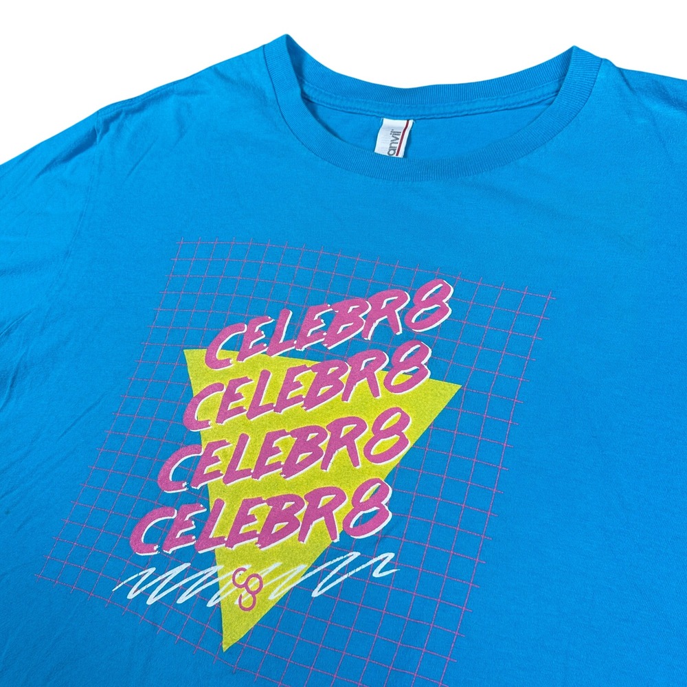 Anvil CELEBR8 Neon Graphic Tee Blue Retro 1980s Vaporwave Mens Large